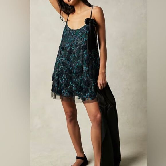 Free People Pure Heart Embellished Mini Dress in Holly - Picture 1 of 10
